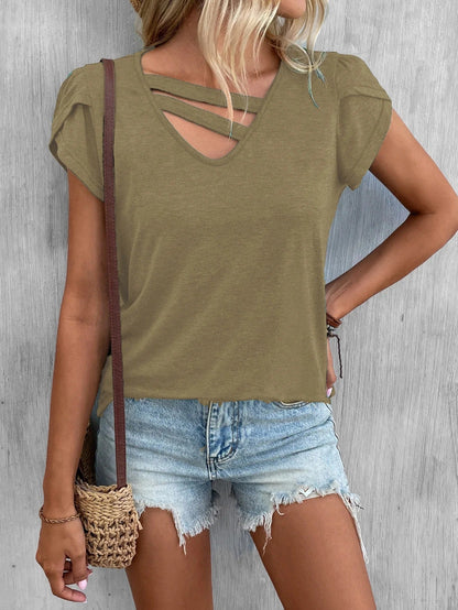 Women’s V-Neck Shirt – Soft Knit – Relaxed Fit – Cross Strap – Short Sleeve