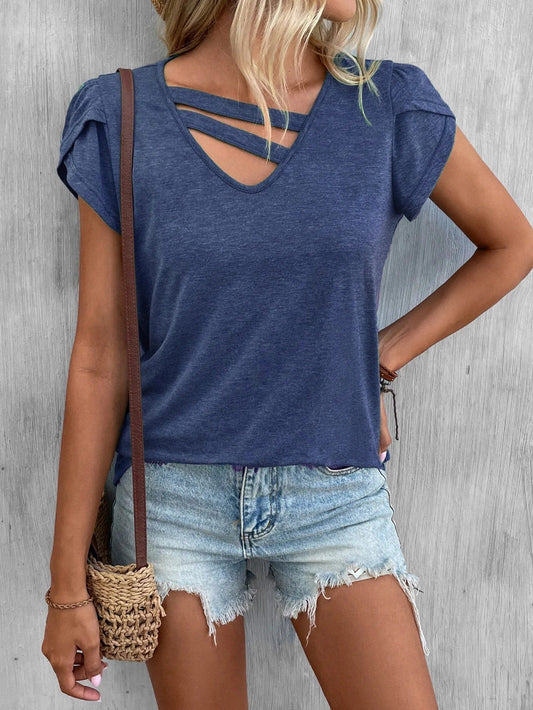 Women’s V-Neck Shirt – Soft Knit – Relaxed Fit – Cross Strap – Short Sleeve