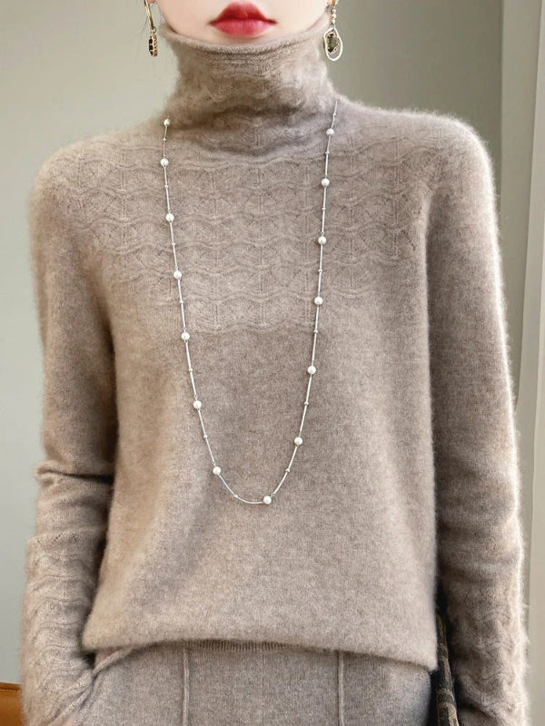 Women’s Turtleneck Sweater – Slim Fit – Wool Blend – Hollow Knit – Full Length Sleeves