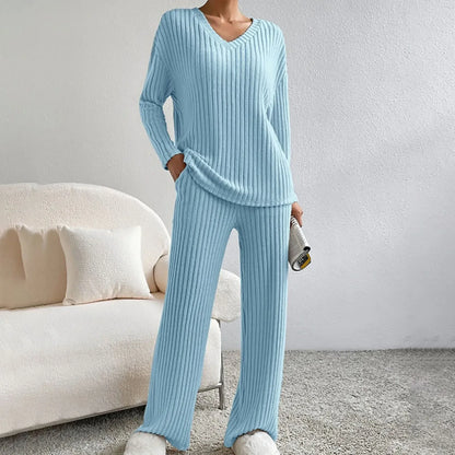 Women’s Lounge Set – Ribbed Knit – Relaxed Fit – V-Neck Top – Wide-Leg Trousers