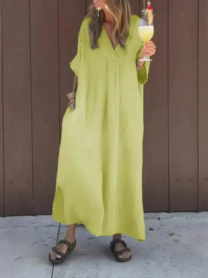 Women’s Maxi Dress – Cotton Feel – Loose Fit – V-Neck – Short Sleeve – Minimal Style