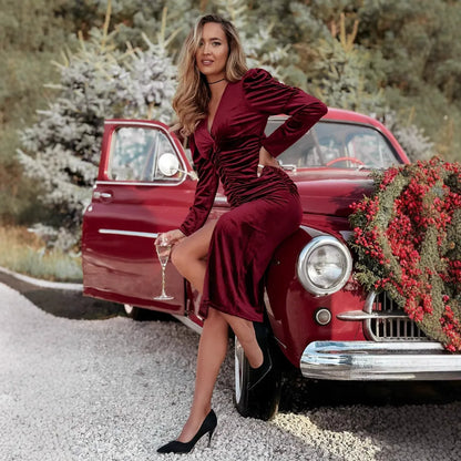 Women’s Midi Dress – Velvet – Slim Fit – V-Neck Ruched Waist – High Slit Evening Wear