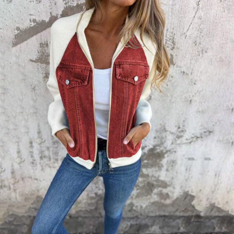 Women’s Denim Jacket – Relaxed Fit – Patchwork Design – Button Front Casual Layer