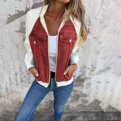 Women’s Denim Jacket – Relaxed Fit – Patchwork Design – Button Front Casual Layer