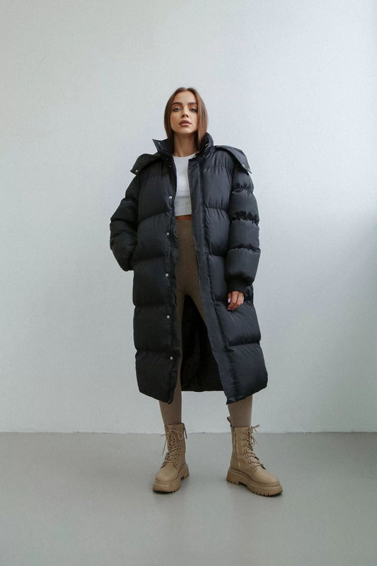 Women’s Long Puffer Trench Coat – Oversized Fit – Quilted Insulated – Hooded Zip Closure