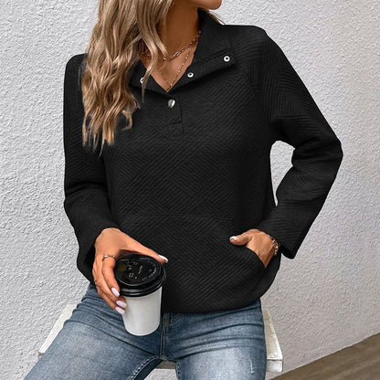 Women’s Sweatshirt – Quilted Fabric – Relaxed Fit – Stand Collar with Snap Buttons