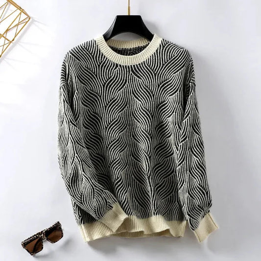 Women’s Pullover Sweater – Wool Knit – Loose Fit – Round Neck – Wavy Stripe Pattern