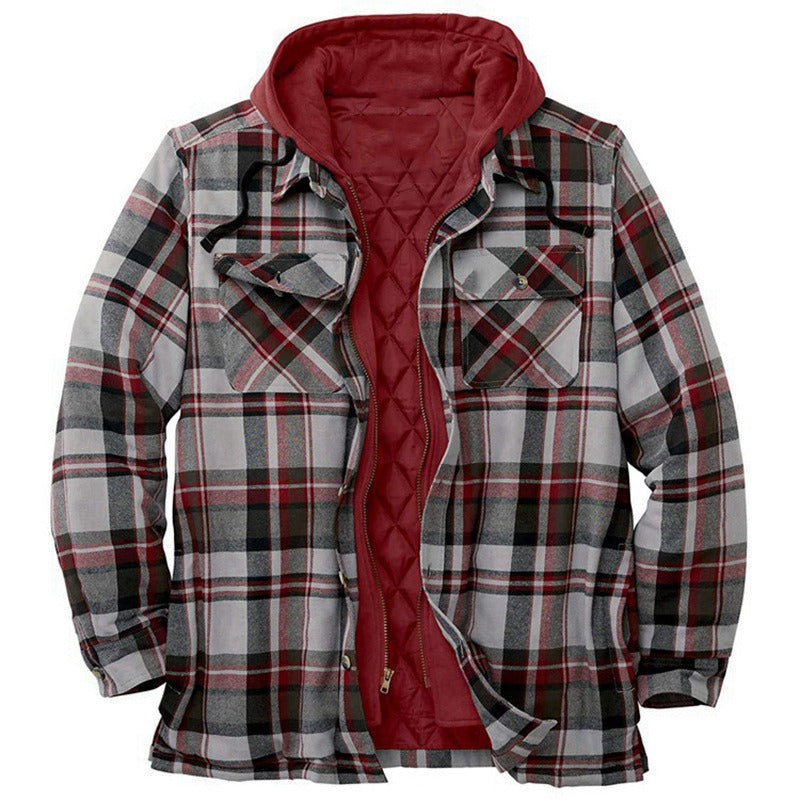 Men’s Shirt Jacket – Relaxed Fit – Quilted Lining – Flannel Plaid – Hooded Zip Front