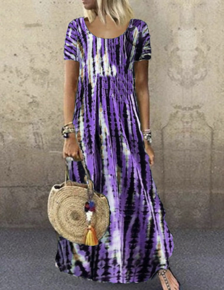 Women’s Maxi Dress – Tie-Dye Print – Loose Fit – Short Sleeve – Soft Cotton Feel