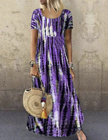 Women’s Maxi Dress – Tie-Dye Print – Loose Fit – Short Sleeve – Soft Cotton Feel