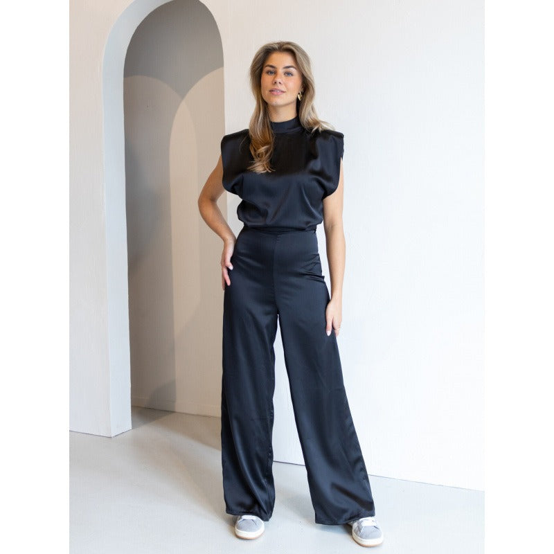 Women’s Jumpsuit – Satin Look – High Neck – Sleeveless – Open Back – Wide Leg