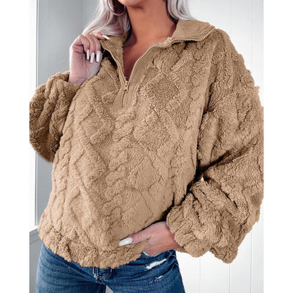 Women’s Pullover Sweatshirt – Plush Fleece – Oversized Fit – Half Zip Stand Collar