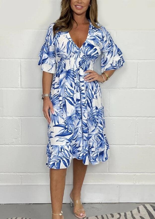 Women’s Midi Dress – Loose Fit – High Waist – Cotton – V-Neck – Ruffle Sleeve – Botanical Print
