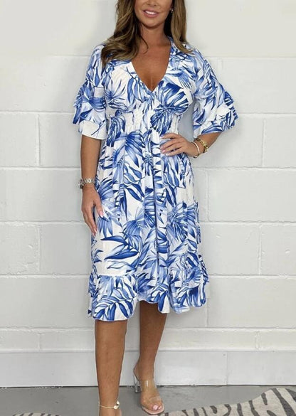 Women’s Midi Dress – Loose Fit – High Waist – Cotton – V-Neck – Ruffle Sleeve – Botanical Print