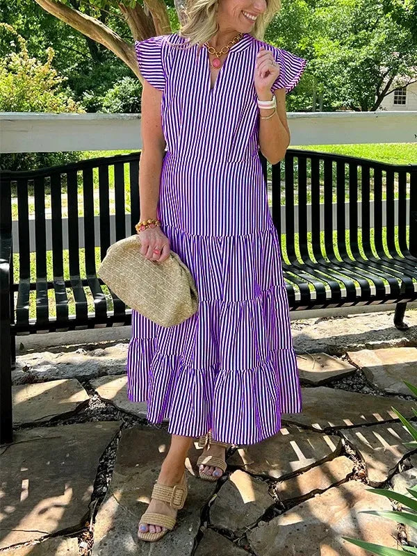 Women’s Midi Dress – Relaxed Fit – Striped – V-Neck – Cotton – Tiered Skirt – Ruffle Sleeves