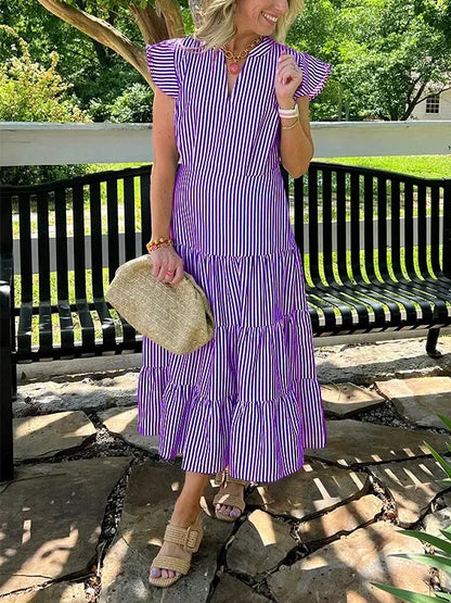 Women’s Midi Dress – Relaxed Fit – Striped – V-Neck – Cotton – Tiered Skirt – Ruffle Sleeves