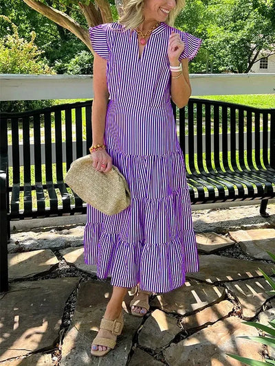 Women’s Midi Dress – Relaxed Fit – Striped – V-Neck – Cotton – Tiered Skirt – Ruffle Sleeves