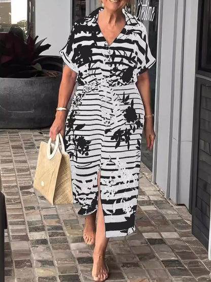 Women’s Shirt Dress – Relaxed Fit – Belted Waist – Plant Print – Side Slit – Midi Length