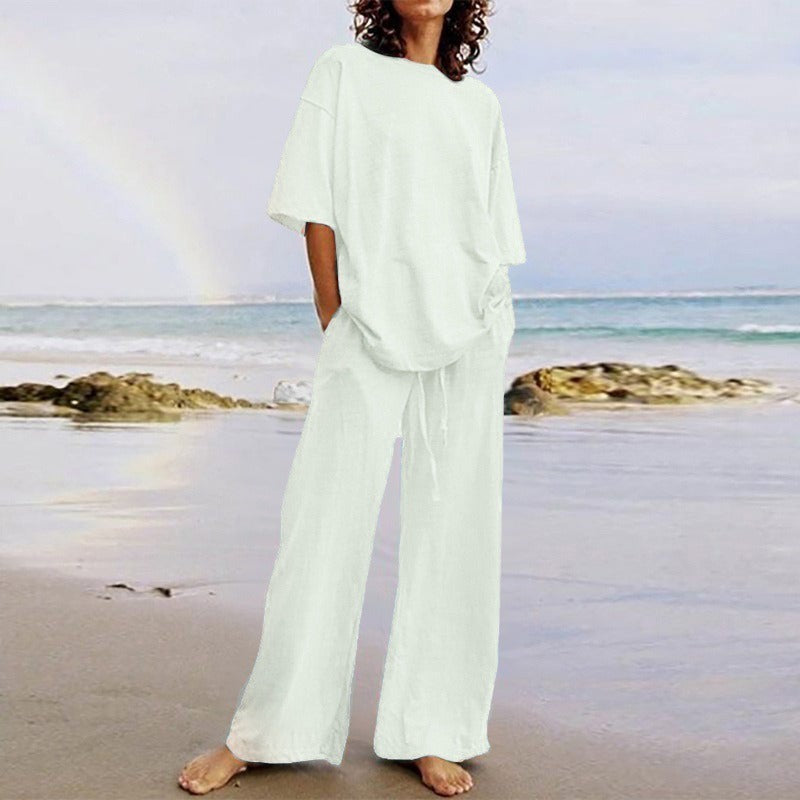 Women’s Two-Piece Set – Relaxed Fit Cotton Blend – O-Neck Top – Wide-Leg Trousers with Pockets
