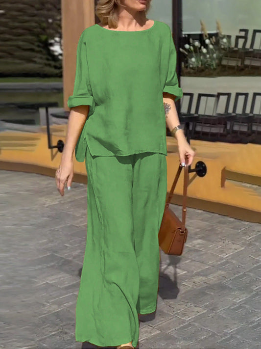 Women’s Two-Piece Set – Relaxed Fit – Cotton Linen – Wide Leg Trousers – Short Sleeve Top