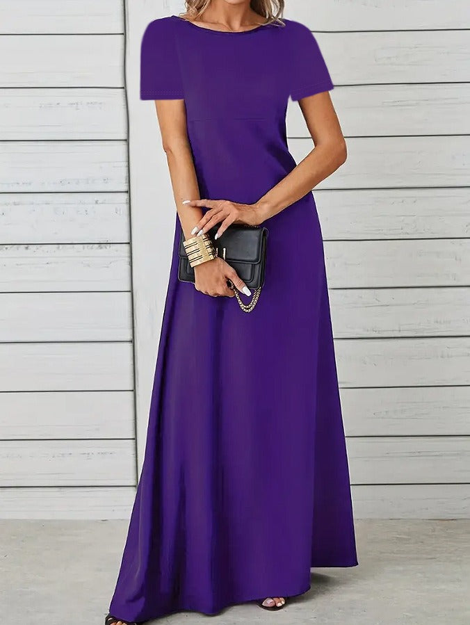 Women’s Maxi Dress – Slim Fit – Short Sleeve – Cotton Feel – Round Neck Casual Wear