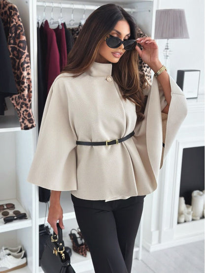 Women’s Cape Coat – Wool Blend – Tailored Fit – High Neck – Belted Waist Elegance