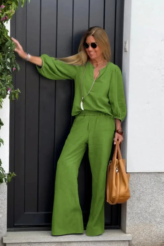 Women’s Top and Pants Set – Cotton Linen – V-Neck – 3/4 Sleeve – Wide-Leg Relaxed Fit
