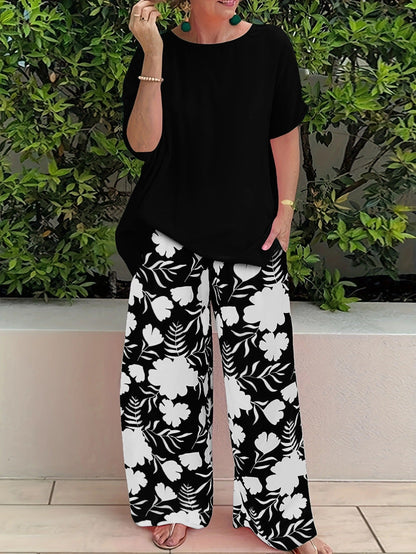 Women’s Pants Set – Relaxed Fit Top – Wide Leg Pants – Floral Print