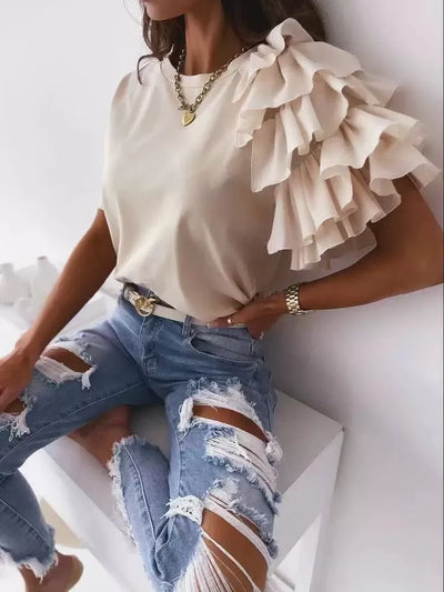 Women’s T-Shirt – Cotton Feel – Asymmetrical Ruffle Shoulder – Casual Fit – Short Sleeve