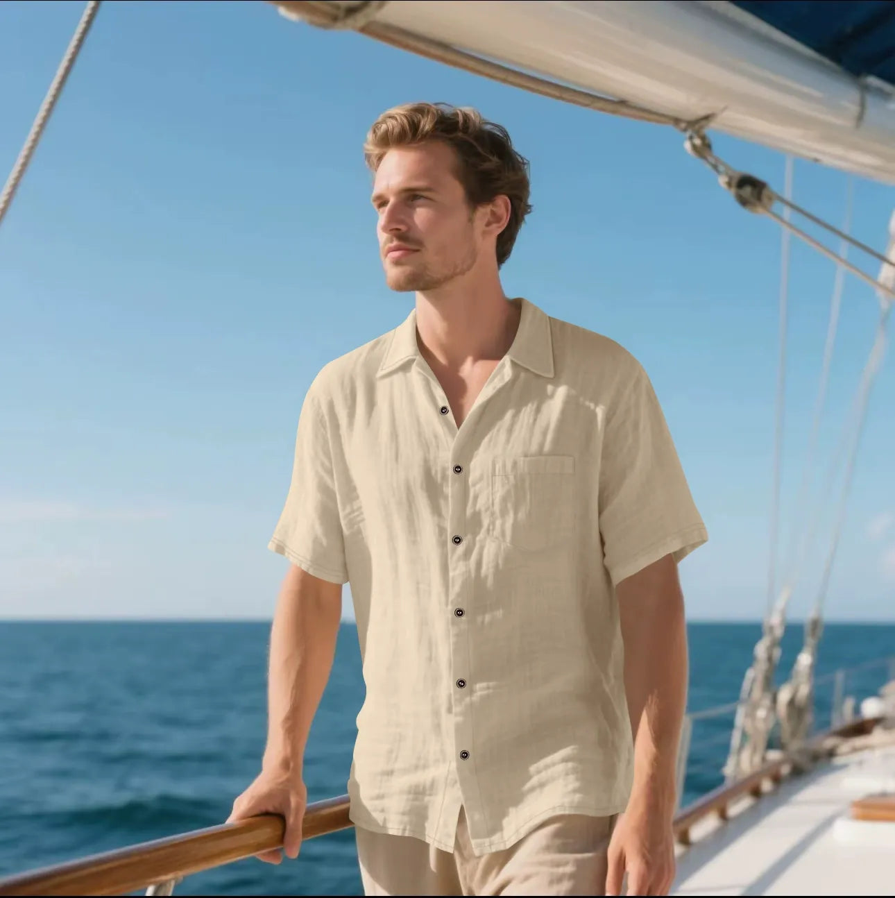 Men’s Button-Up Shirt – Linen – Relaxed Fit – Short Sleeve – Casual Wear