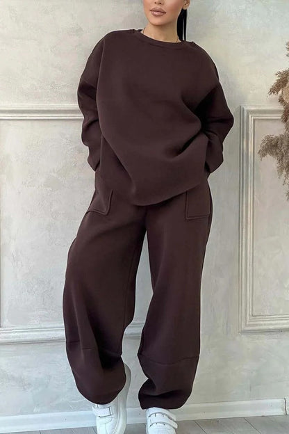 Women’s Lounge Set – Cotton Blend – Oversized Fit – Crew Neck – Wide Leg Trousers