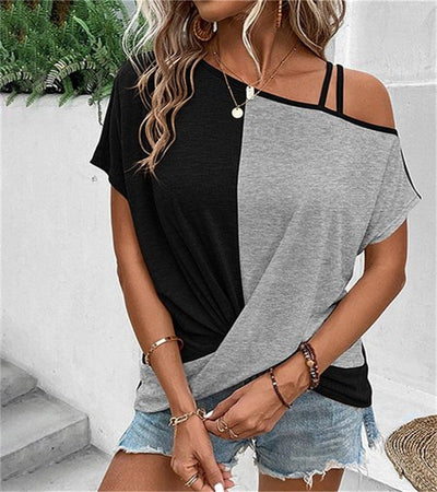 Women’s T-shirt – Relaxed Fit – Off Shoulder with Straps – Cotton – Colorblock Design