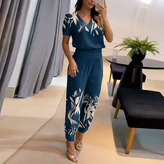 Women’s Two-Piece Set – Relaxed Fit – Short Sleeve V-Neck Top – Tapered Pants