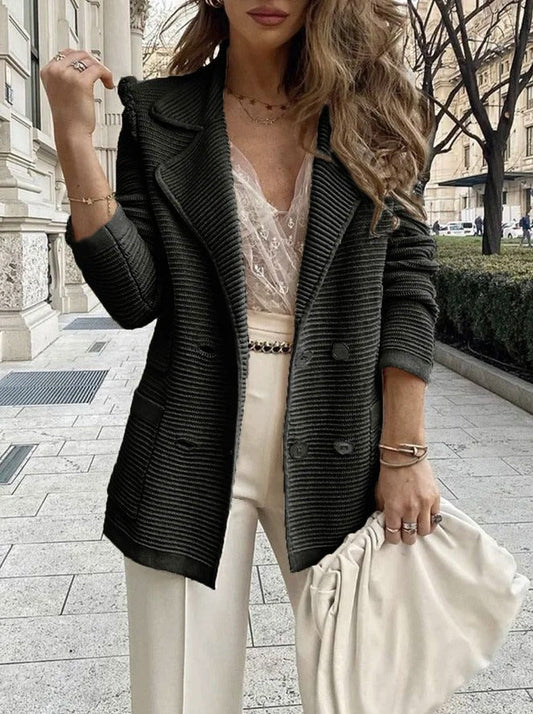 Women’s Tailored Jacket – Structured Fit – Ribbed Texture – Double-Breasted – Lapel Collar