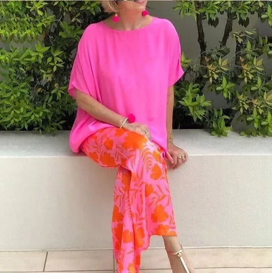 Women’s Pants Set – Relaxed Fit Top – Wide Leg Pants – Floral Print