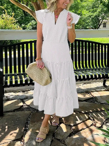 Women’s Midi Dress – Relaxed Fit – Striped – V-Neck – Cotton – Tiered Skirt – Ruffle Sleeves
