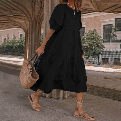 Women’s Midi Dress – Cotton Blend – A-Line Fit – Scoop Neck – Puff Sleeves – Tiered Skirt
