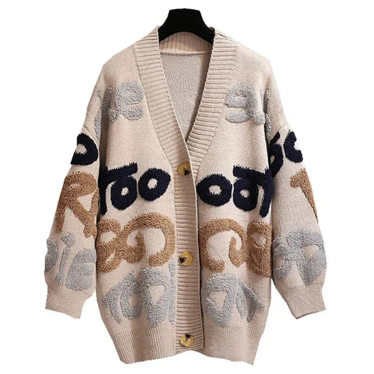 Women’s Knit Cardigan – Oversized Fit – Wool Blend – Bold Letter Pattern – Button Front