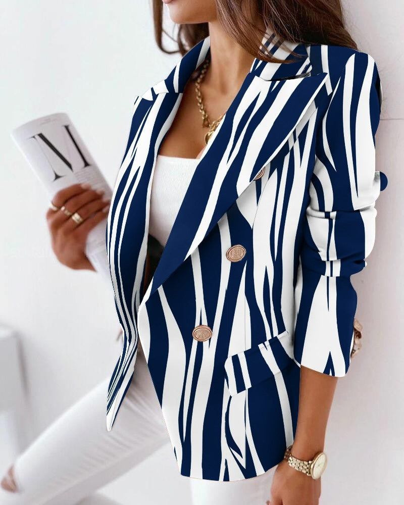 Women’s Double-Breasted Blazer – Tailored Fit – Statement Print – Hip Length – Structured