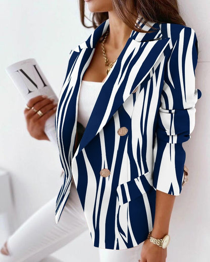 Women’s Double-Breasted Blazer – Tailored Fit – Statement Print – Hip Length – Structured