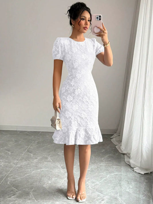 Women’s Midi Dress – Jacquard Texture – Puff Sleeve – Fitted Waist – Ruffle Hem