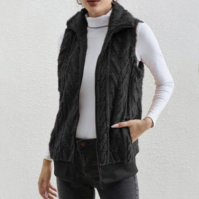Women’s Sleeveless Vest – Jacquard Fleece – Zip Front – High Collar – Relaxed Fit