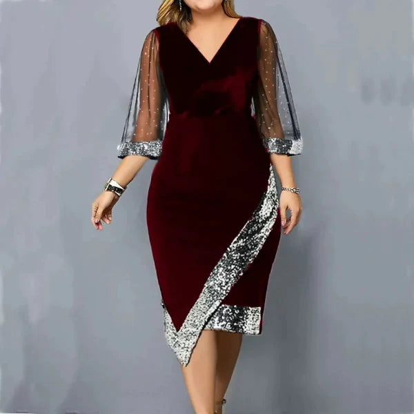 Women’s Midi Cocktail Dress – Fitted Velvet – Mesh Sleeves – Sequin Asymmetric Hem