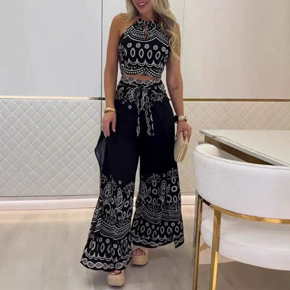 Women’s Halter Top and Wide-Leg Pants Set – Cotton – Cropped Fit – Retro Print – Tie Waist