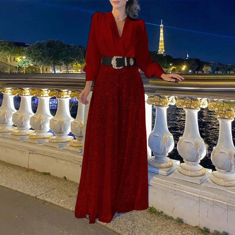 Women’s Jumpsuit – Tailored Fit – V-Neck – Sequin Wide Leg – Long Sleeve