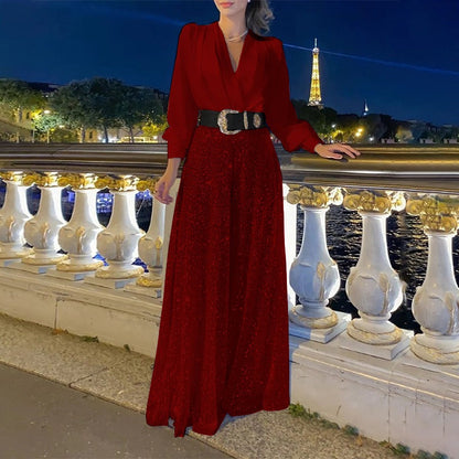 Women’s Jumpsuit – Tailored Fit – V-Neck – Sequin Wide Leg – Long Sleeve