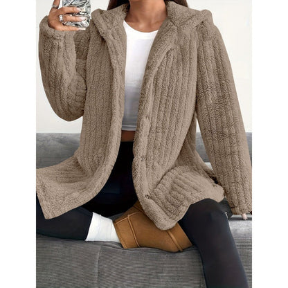 Women’s Coat – Oversized Fit – Plush Ribbed Texture – Hooded – Button Front Casual Layer