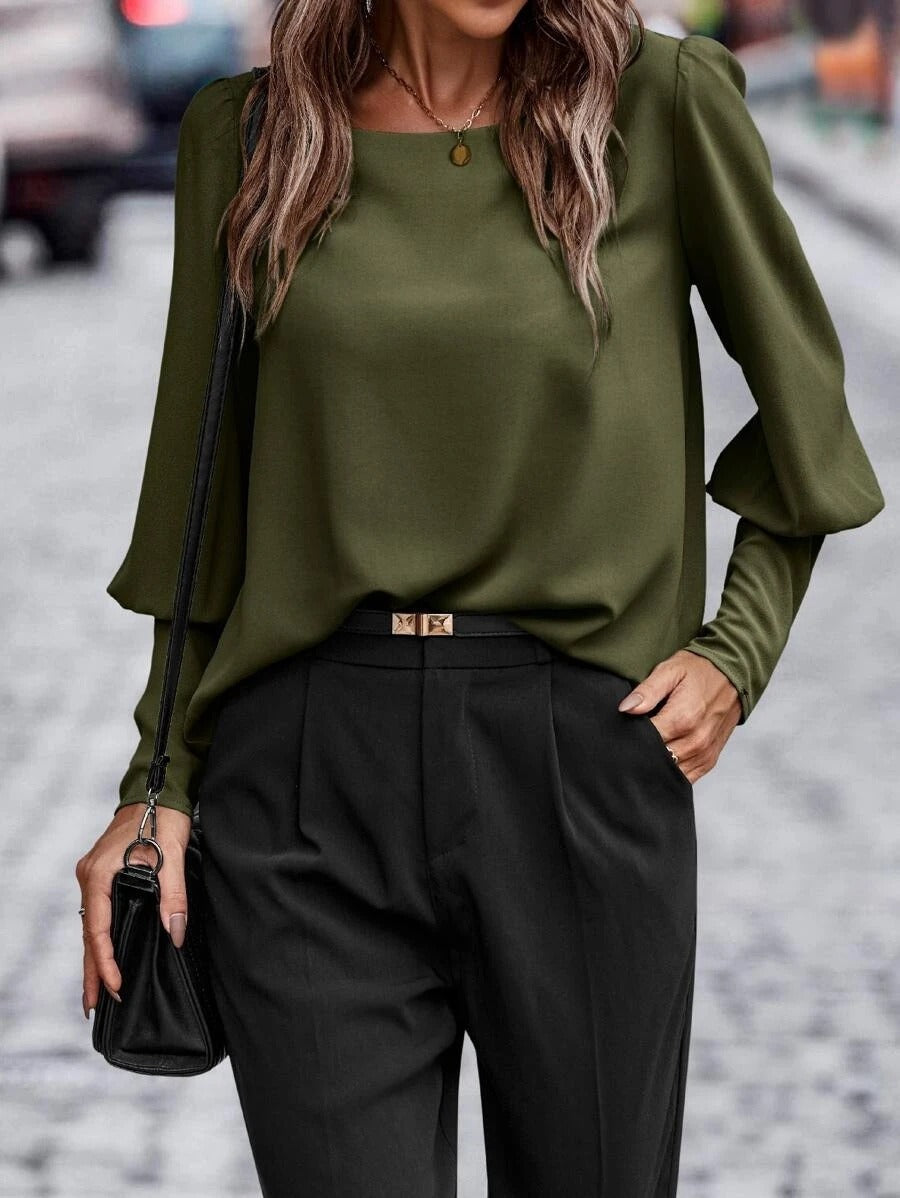 Women’s Blouse – Satin Finish – Relaxed Fit – Puff Sleeve – Button Front – Hip Length