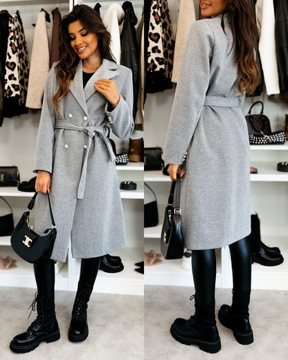 Women’s Wool Coat – Tailored Fit – Double-Breasted – Belted Waist – Knee Length