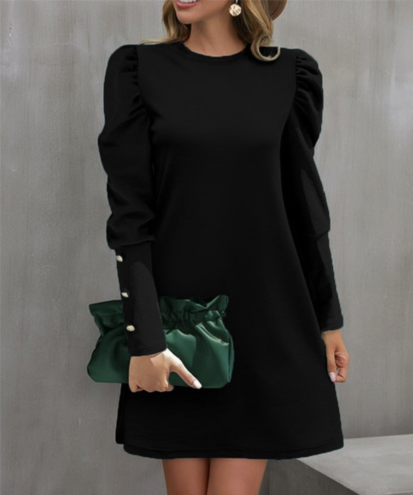 Women’s Long Sleeve Dress – A-Line Fit – Puff Sleeve – Button Cuff – Round Neckline